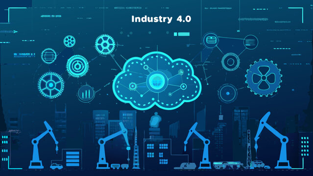 Industry 4 0 vector illustration featuring gears robotic arms and a cloud shaped network on a blue background