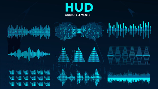 Collection of teal and blue audio waveform illustrations on a dark background representing sound visualization audio visualizer audio wave
