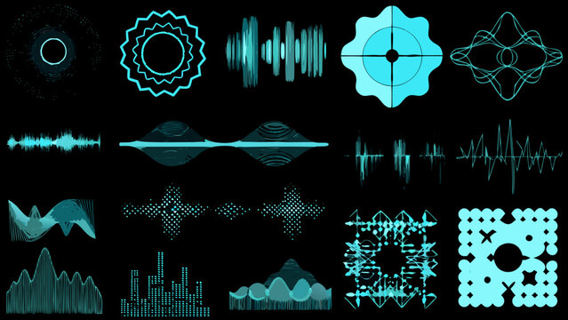 Collection of teal vector waveform patterns on a black background displaying various sound visualization designs audio frequency