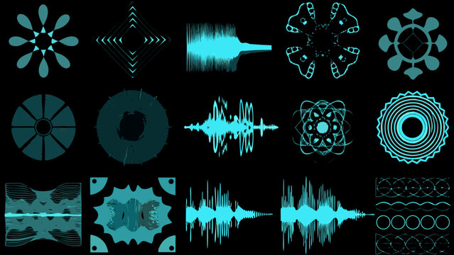 Collection Of Teal Wave Patterns And Circular Designs On A Black Background Vector Illustration audio waveform soundwave