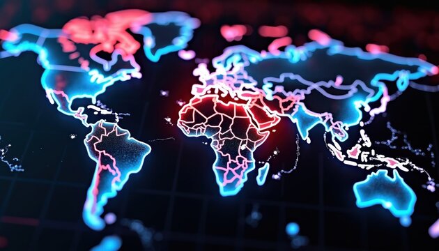 Global map highlights continents and countries with glowing neon borders. Africa and parts of Asia glow red, others blue. Digital world map with country outlines.