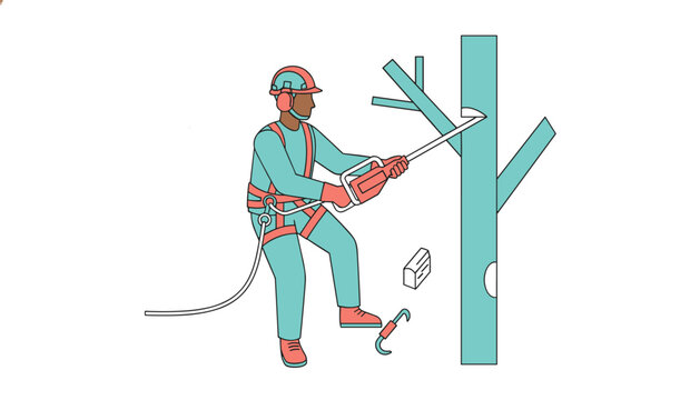 Arborist wearing a safety harness using a chainsaw to prune branches while suspended next to a tall tree in a forest.