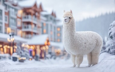 Naklejka premium White furry alpaca standing on snowy street near winter village buildings