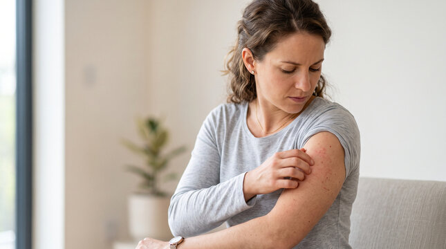 Woman scratching itchy skin rash on arm due to allergy or dermatitis