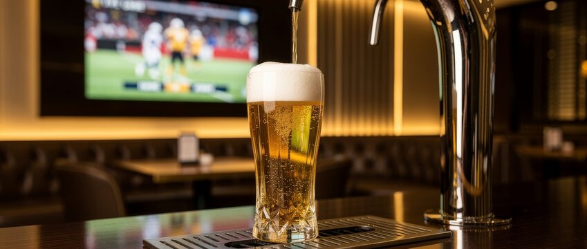 Cold beer pouring into a glass at a sports bar with tv background