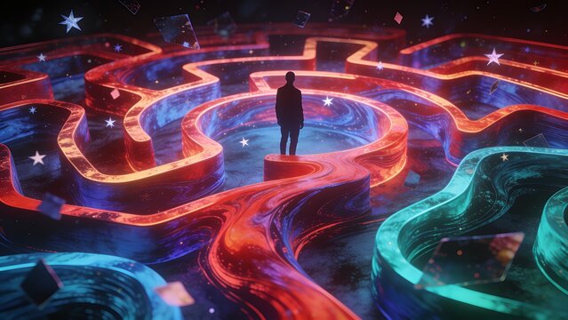 Hyperreal surreal silhouette in a glowing neon maze, symbolizing emotional struggle, memory, psychology and inner transformation.