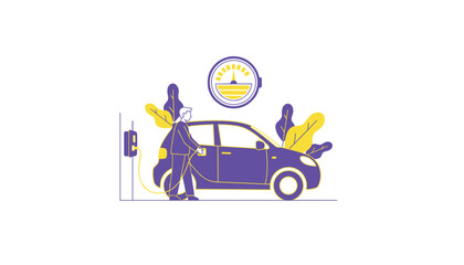 Naklejka premium Person plugging electric vehicle into charging station to refuel battery while monitoring energy levels with digital gauge display.