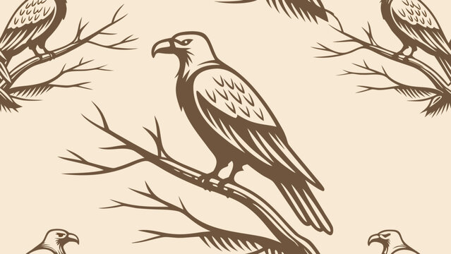 Seamless wildlife wallpaper pattern with stylized eagles resting on tree branches wildlife predator seamless illustration woodland monochrome wallpaper background outdoors creature ornament