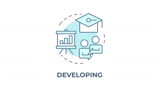 Developing blue concept icon animation. Career growth and advancement. Professional learning and modern workforce. Cyan circular animated abstract idea. HD video with alpha channel