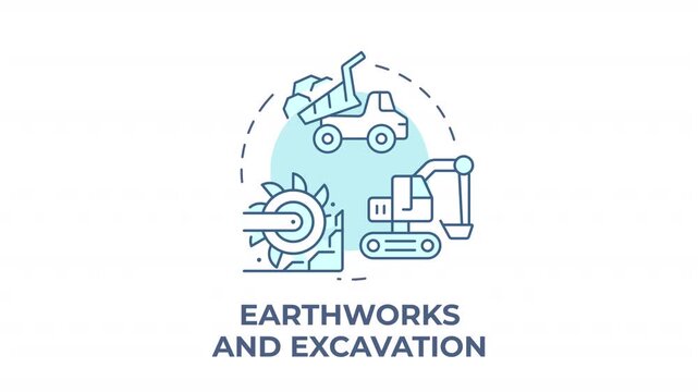 Earthworks and excavation blue concept icon animation. Heavy civil construction operations. Industrial earthmoving equipment. Cyan circular animated abstract idea. HD video with alpha channel