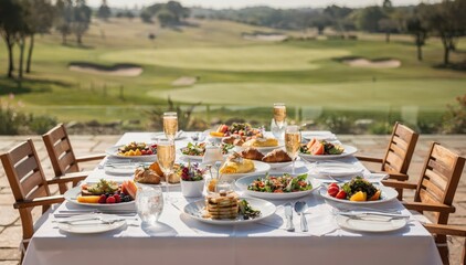 Fototapeta premium Brunch tables arranged outdoors with colorful dishes sharply detailed and the golf course fairway gently blurred in the distance.