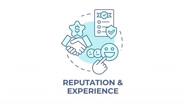 Reputation and experience blue concept icon animation. Positive brand equity. Customer satisfaction. Industry standards. Cyan circular animated abstract idea. HD video with alpha channel