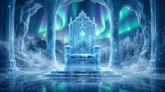 Majestic ice throne situated inside frozen arctic grotto under shimmering aurora borealis.