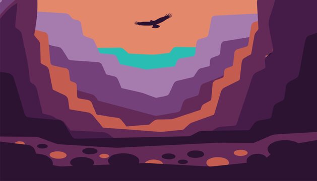 Majestic eagle soaring above a layered abstract valley landscape with warm colors and a calm atmosphere created in a paper cut style.