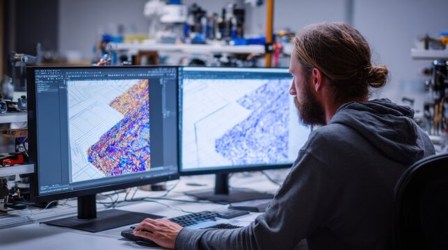 CAD technician reviewing onlay fit and surface texture on dualmonitor setup crisp digital design in focus with lab tools and workspace softly blurred behind.