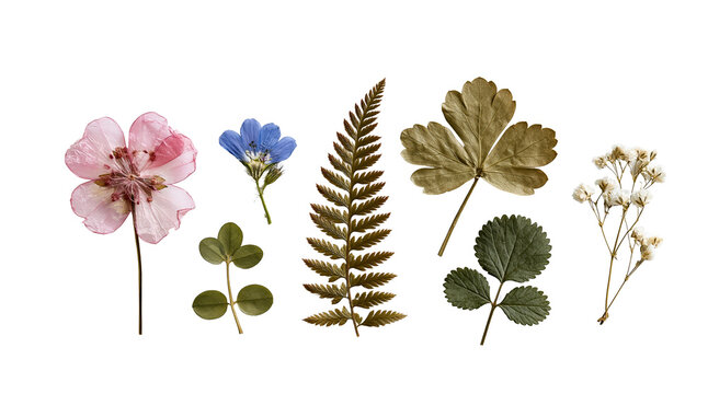 Pressed wildflowers and leaves on transparent background