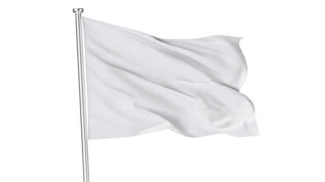 Waving white fabric flag on metal pole, isolated on transparent background