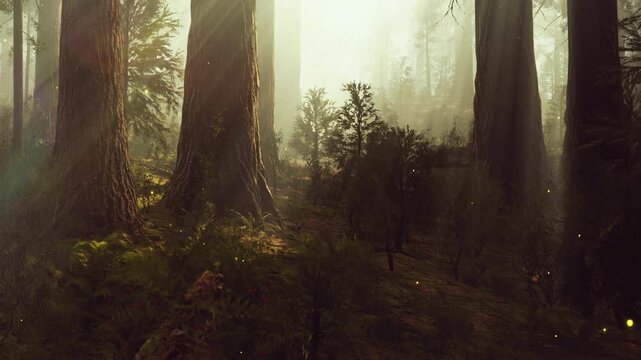 Light shines through tall trees in a forest during morning. Small lights flicker in the air. The scene has a quiet feeling. Nature fills the space around the trees.