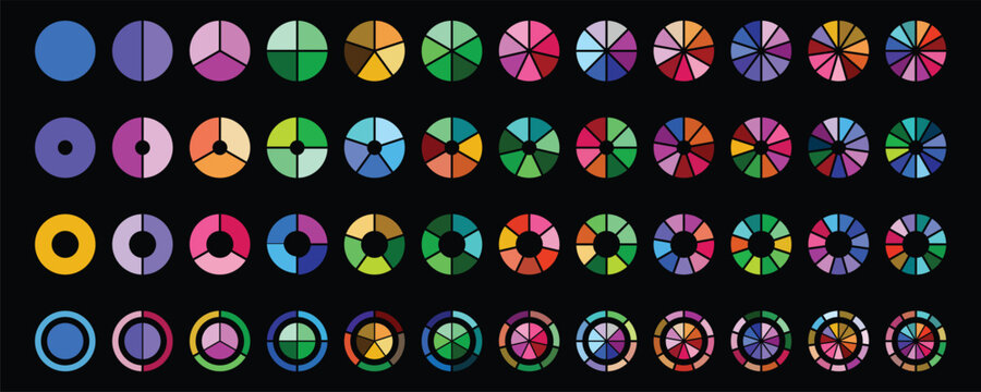 Pie charts diagram set. Pie charts set. Circle pie charts 1,2,3,4,5,6,7,8,9,10,11,12 sections. Wheel round segment infographic part. Circle section graph. Pie charts black background.