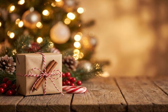 Christmas gift wrapped in craft paper with cinnamon stick on wooden table against blurred bokeh lights