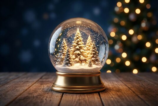 Magic Christmas snow globe with winter forest and deer inside on wooden table with bokeh lights