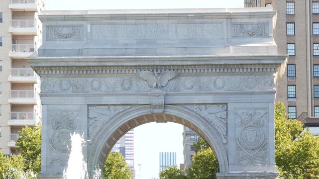 New York City Manhattan Washington Square Park arch, United States. Marble historic monument Greenwich Village. 5 fifth avenue triumphal arch. Autumn fall garden greenery. George Washington memorial.