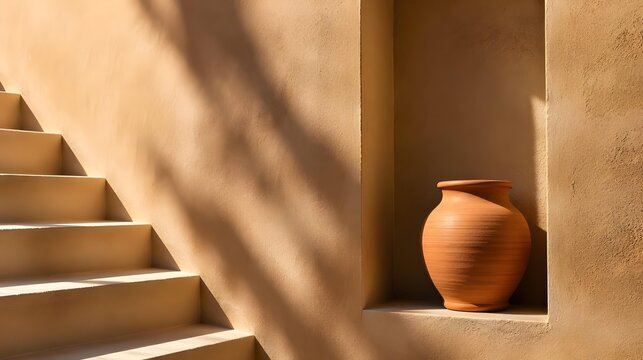 Terracotta pot sits in a recessed niche with sunlight and shadows on textured wall