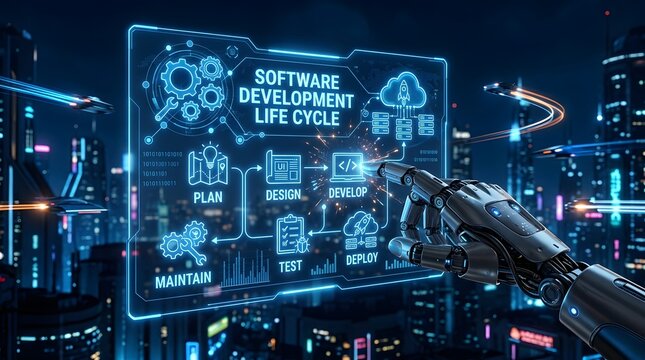 Futuristic robotic hand touching a holographic display of software development life cycle steps