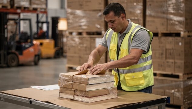 Focused packer at a packing station wrapping books tightly while the background shows pallets of cartons and forklifts softly out of focus.