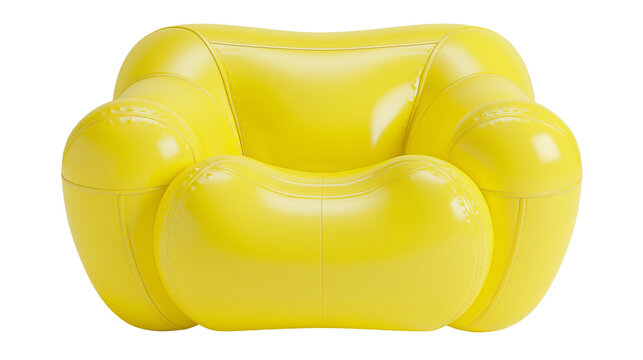 Bright yellow inflatable armchair with rounded cushions, isolated on transparent background