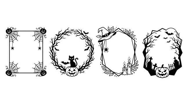 Happy Halloween Set of four minimalist black and white halloween frames with pumpkins witch hat and cemetery elements vector illustration