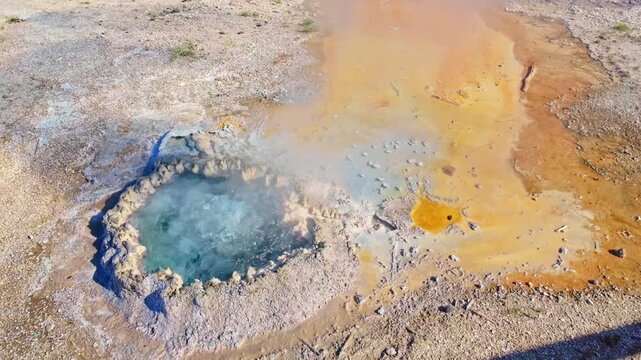 A powerful geyser erupts along the Upper Geyser Basin trail in Yellowstone National Park
