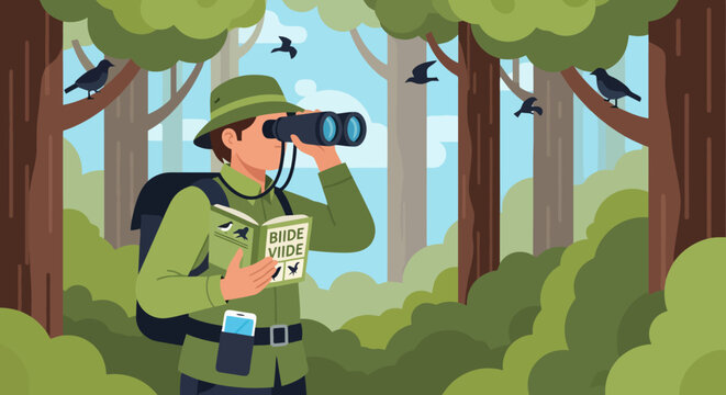 Man birdwatching with binoculars and field guide in a forest.