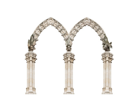 Elements of architectural decoration of buildings with chimeras. Old arch. Gothic style