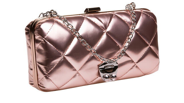 Rose gold quilted clutch purse with silver chain strap, isolated on transparent background