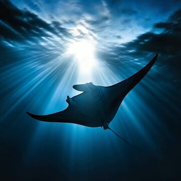 Manta ray swimming in deep blue ocean with sun rays piercing through water surface, underwater marine life cinematic background