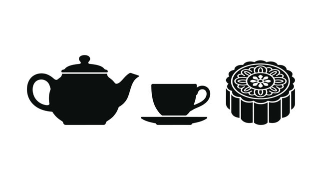 A black silhouette illustration featuring a traditional teapot a teacup and a mooncake.
