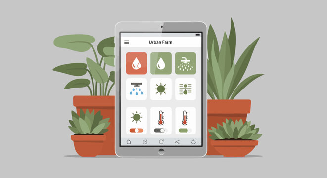Tablet displaying a plant care app surrounded by potted houseplants.