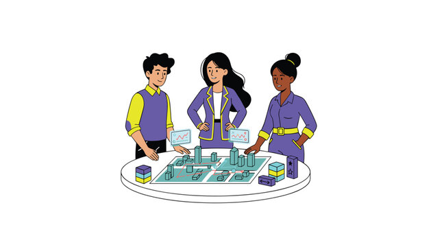 Team of professionals reviews urban planning and architectural designs using a 3D hologram city model and interactive data analytics displays.