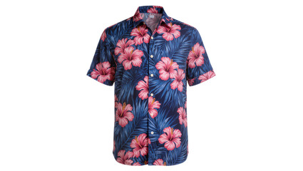 Blue short-sleeved Hawaiian shirt with pink hibiscus flowers and palm leaves, isolated on transparent background © Ozols