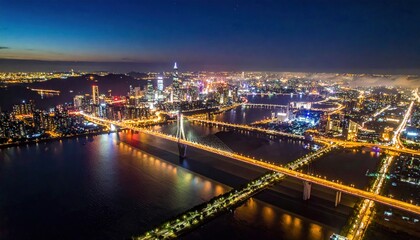 Obraz premium Nighttime aerial view of Seoul, South Korea, showcasing the citys illuminated skyline and bridges.
