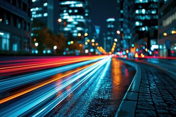 Obraz premium Night city street with vibrant motion light trails and wet pavement