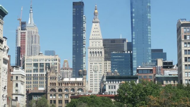 New York City Manhattan Midtown Union square on Broadway street, United States of America. Old historic building urban architecture. Water towers tanks on roof. Real estate property. Cityscape skyline
