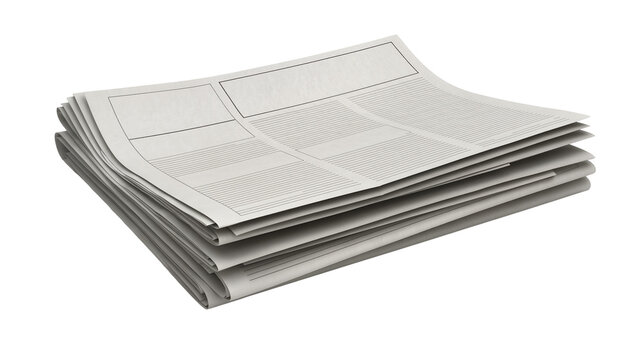 Stack of blank newspapers with empty columns and headlines, isolated on transparent background
