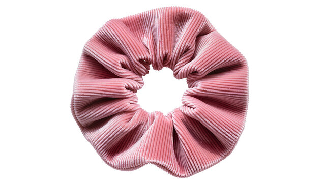 Plush pink corduroy scrunchie hair tie, isolated on transparent background