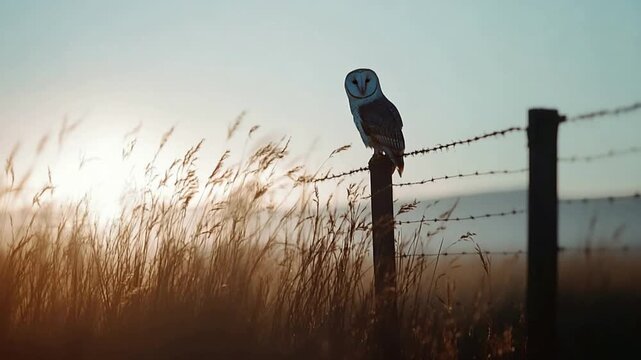 Barn owl perched on barbed wire fence at sunset in golden hour meadow, cinematic wildlife nature background