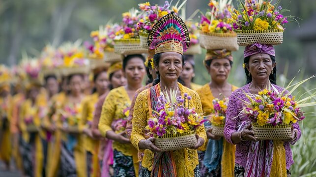 Women in Penglipuran, an old Balinese village in Bangli, carry religious gifts.