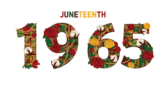 Juneteenth 1965 Celebration: A vibrant graphic design commemorates Juneteenth with the year 1965 creatively rendered with traditional patterns, red roses, and cotton bolls.