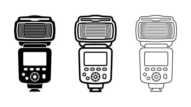 Black and white flash speedlight camera icons in linear outline style