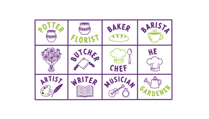 Fototapeta premium Collection of professional icons representing various careers including baker, chef, florist, and artist in a minimalist grid layout.